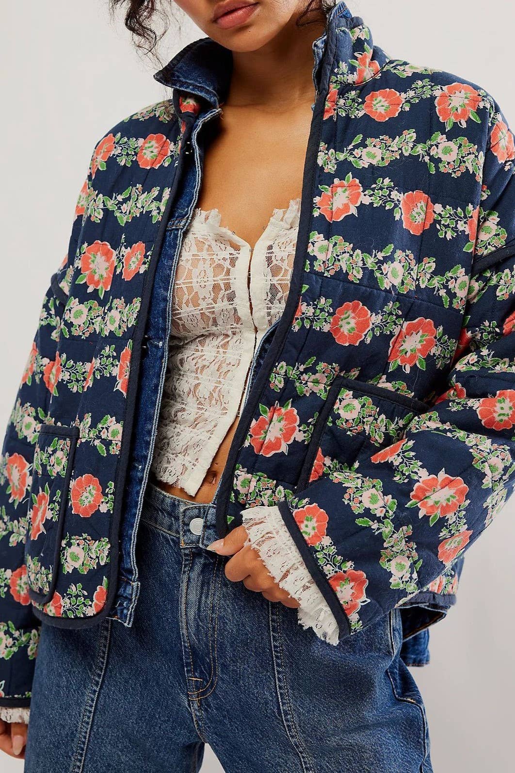 Amelia Floral quilted jacket: Navy