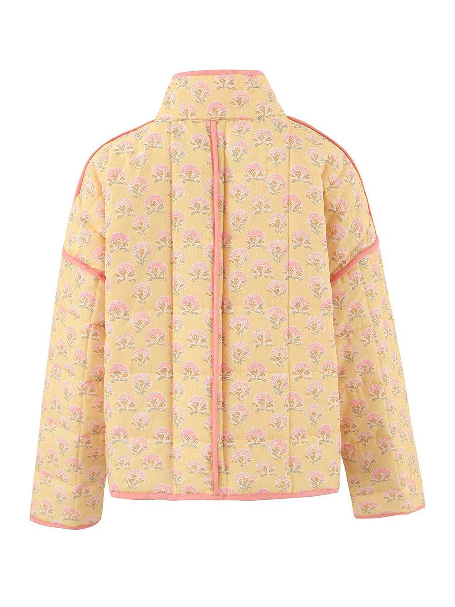 Floral Print Versatile Loose Quilted Jacket: Yellow