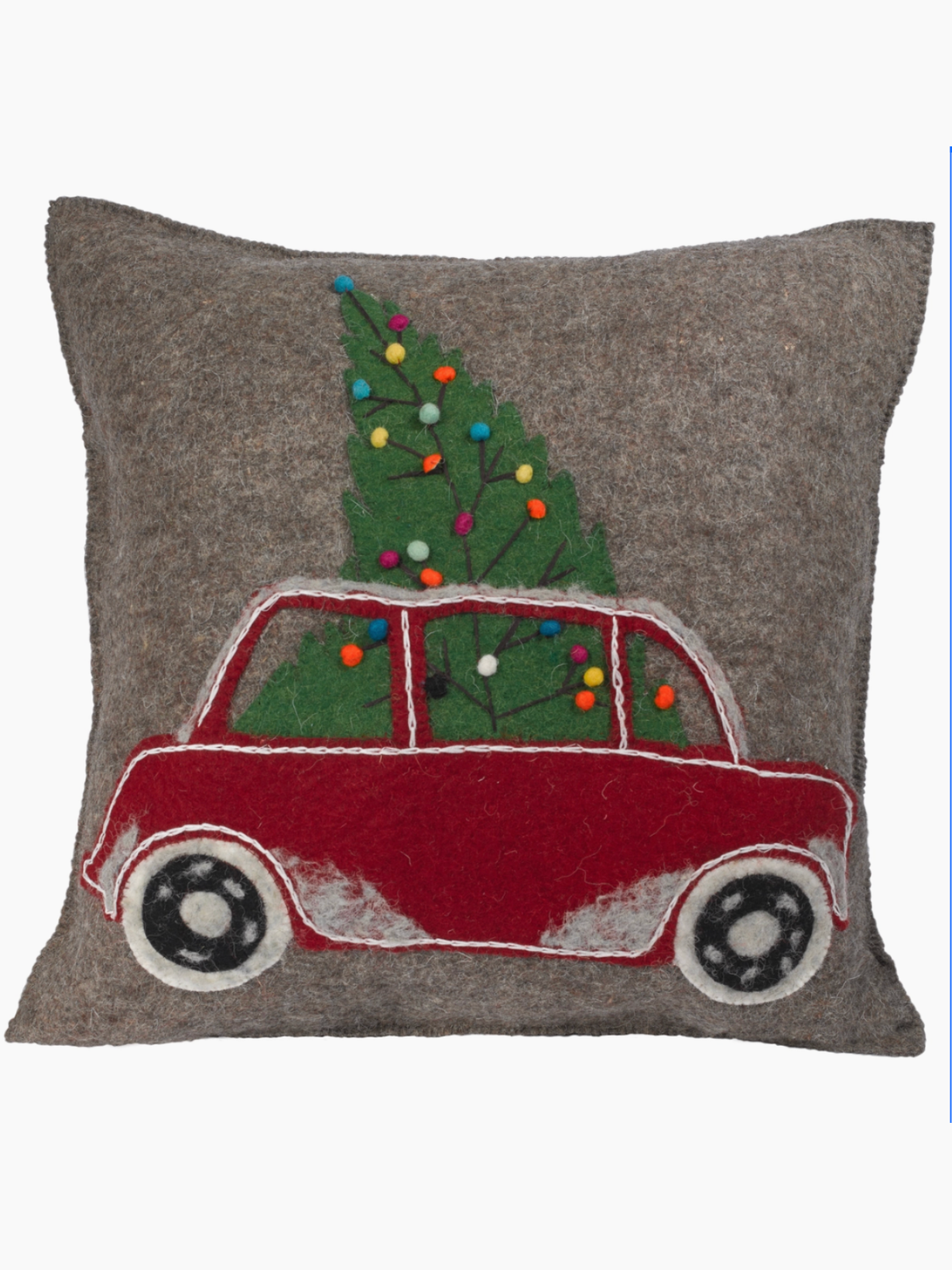 Arcadia Pillow Hand Felted Wool Christmas Pillow-Car with Tree on Gray-20"