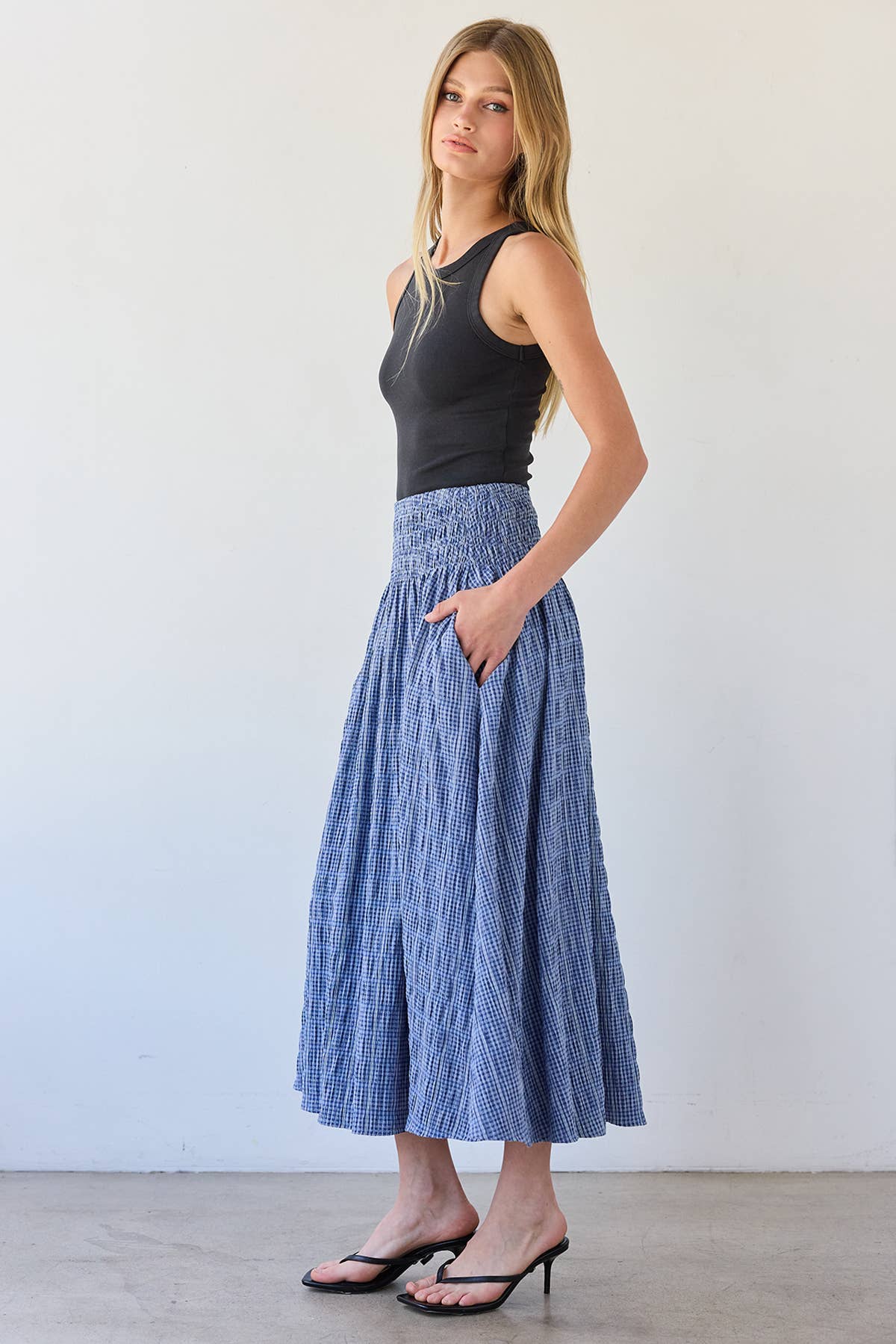 Smocked Waist Check Midi Skirt - RS1092: BLUE CHECK / S-M-L (3-2-1)
