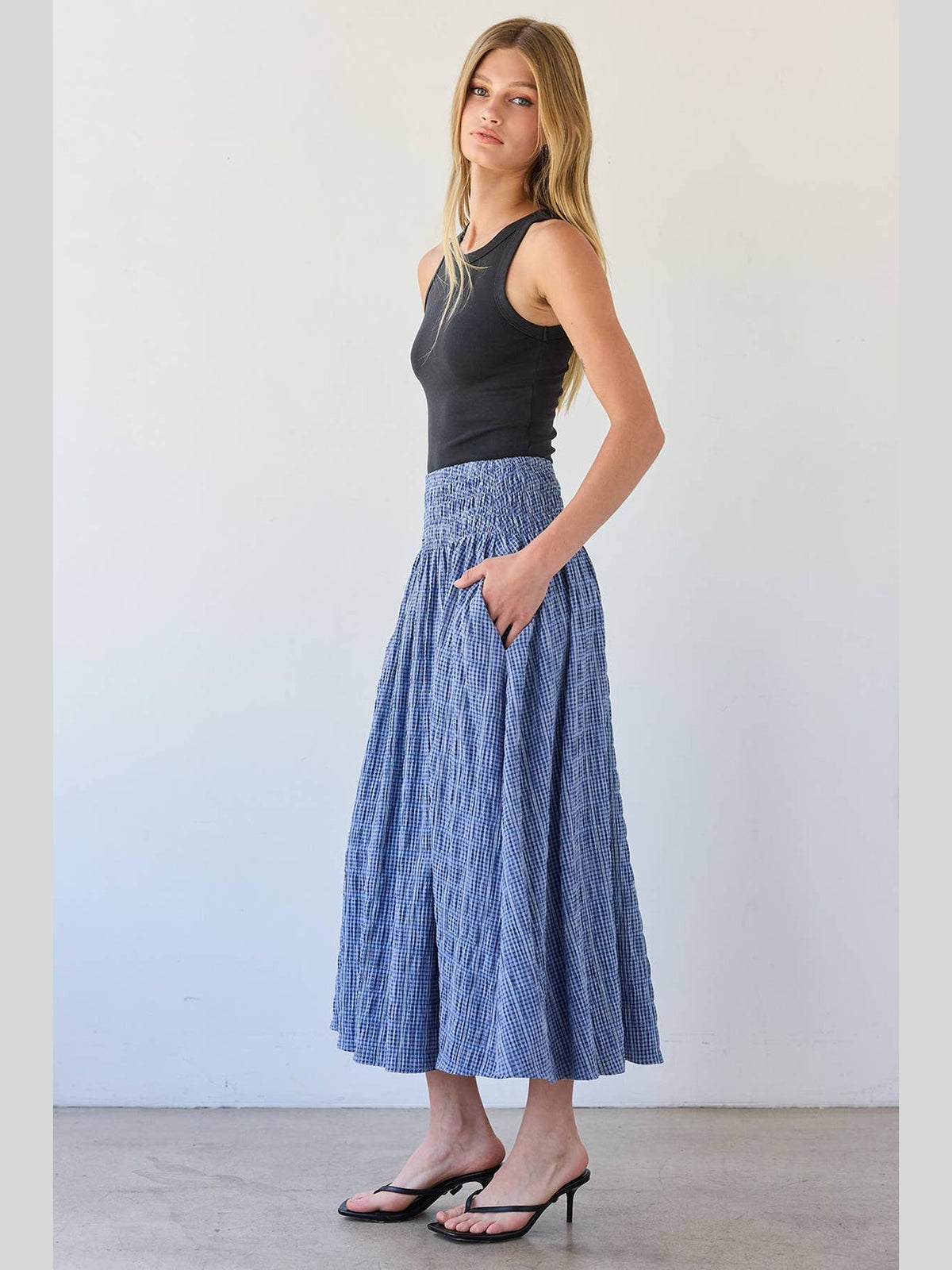 Smocked Waist Blue Check Midi Skirt