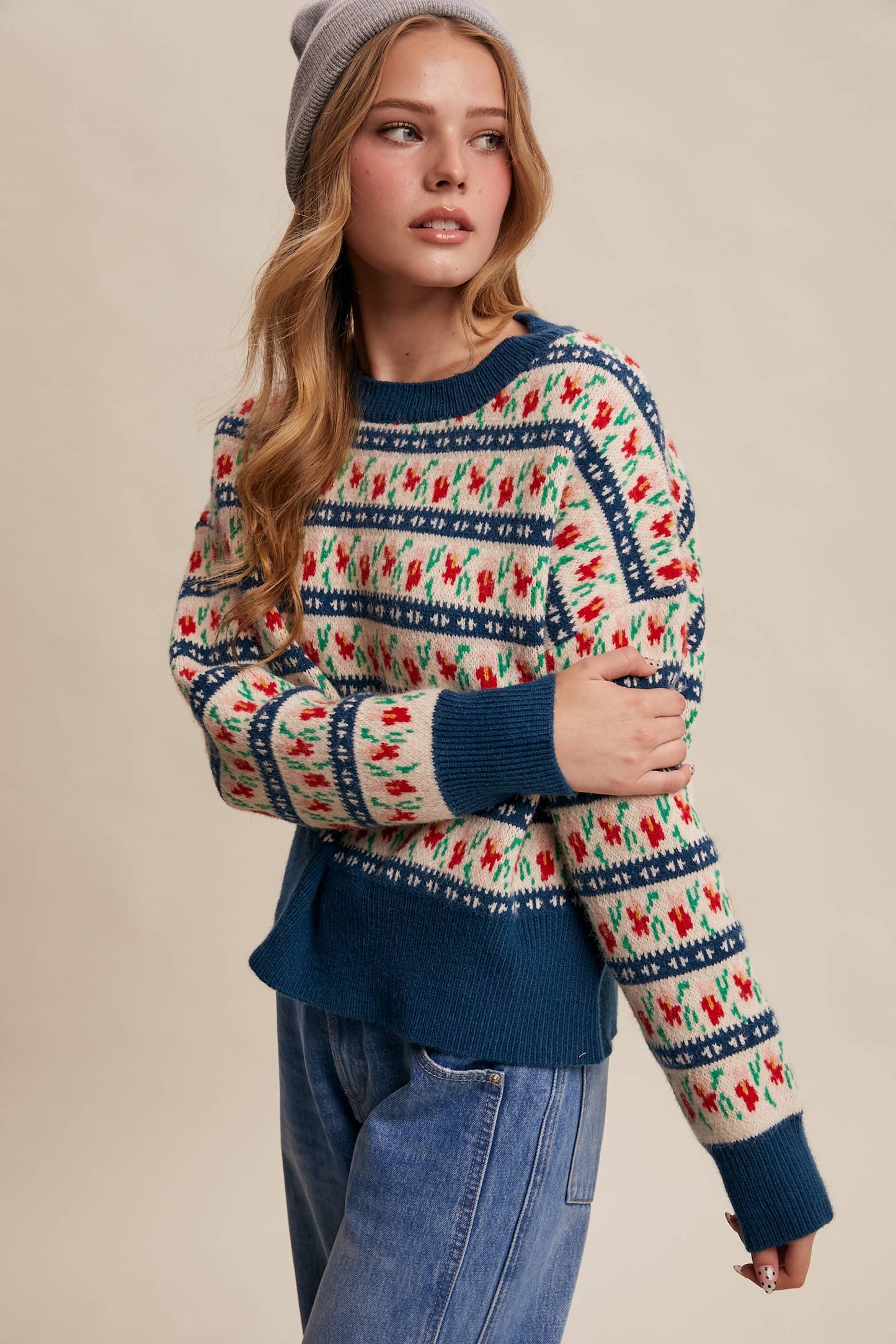 Floral Knit Sweater (Teal Color)