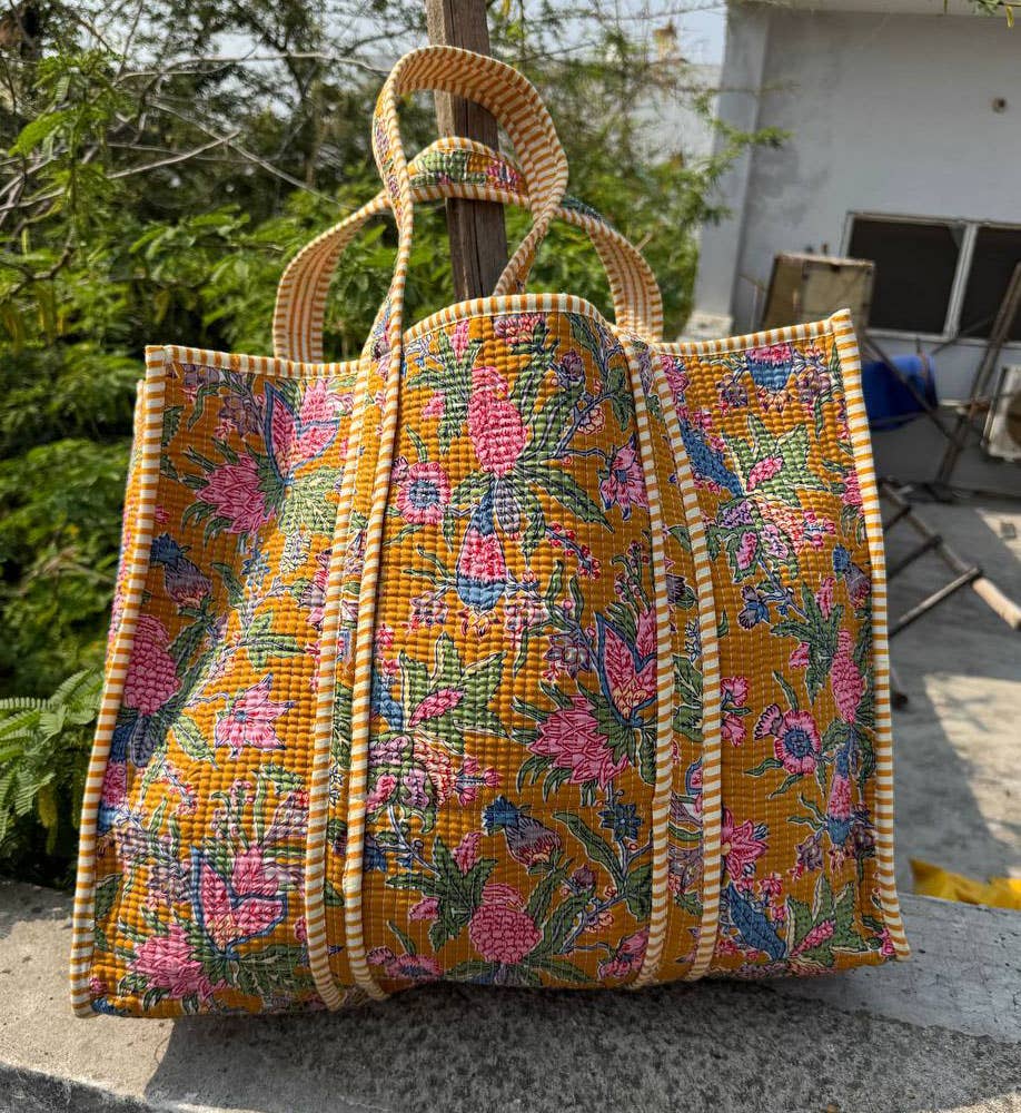 Quilted Floral Printed Tote Bag