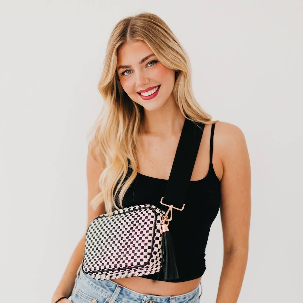 Woven Willow Camera Crossbody Bag: Checkered Navy