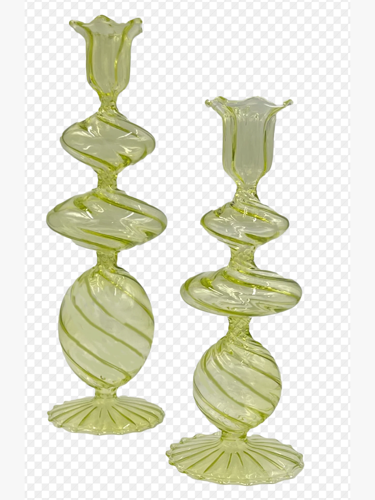 Abigail’s Large Green Swirl Glass Candlestick, Set of 2