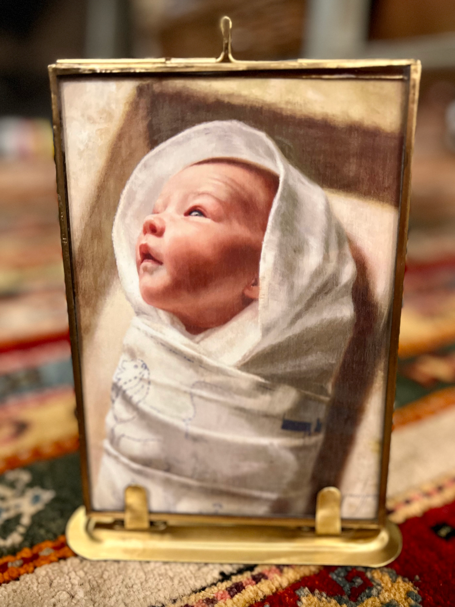 "Little Lamb" print in brass and glass frame w/ stand