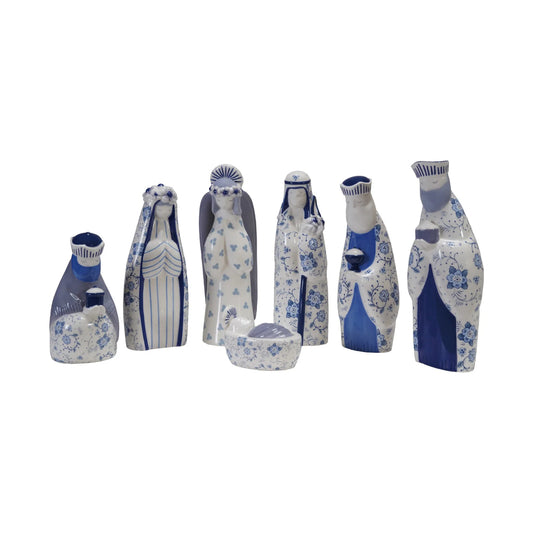 Ceramic Nativity with Floral Pattern, Blue & White