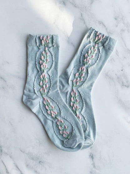 Women's Antique Tulip Flower Socks: Blue