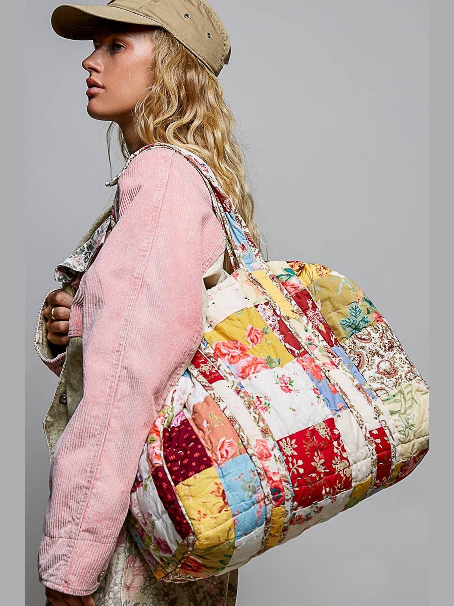 Quilted Vibrant Patchwork Vintage Crafted Weekender Bag: CREAM MULTI
