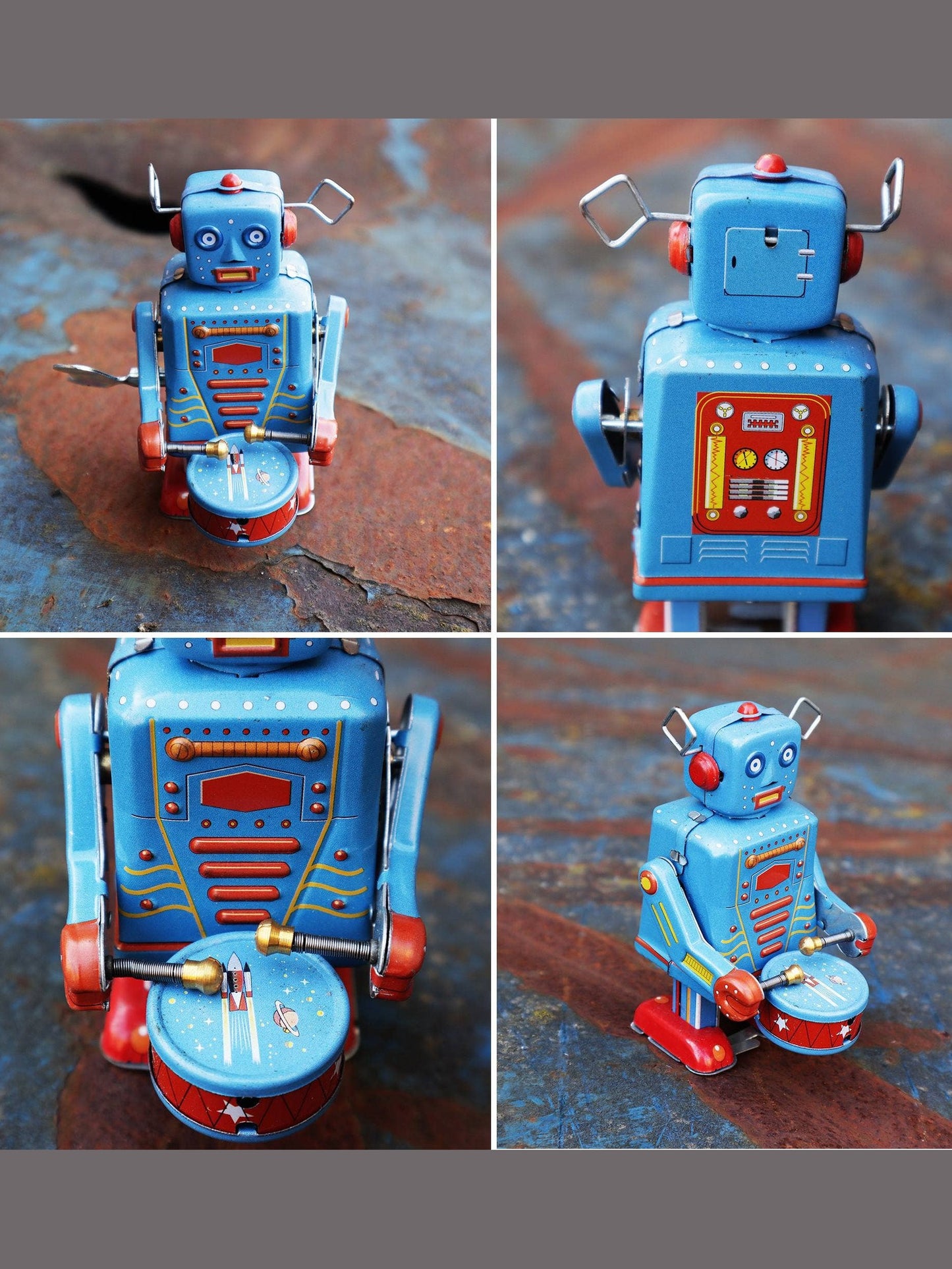 Robot robot with drum blue sheet metal robot tin toy