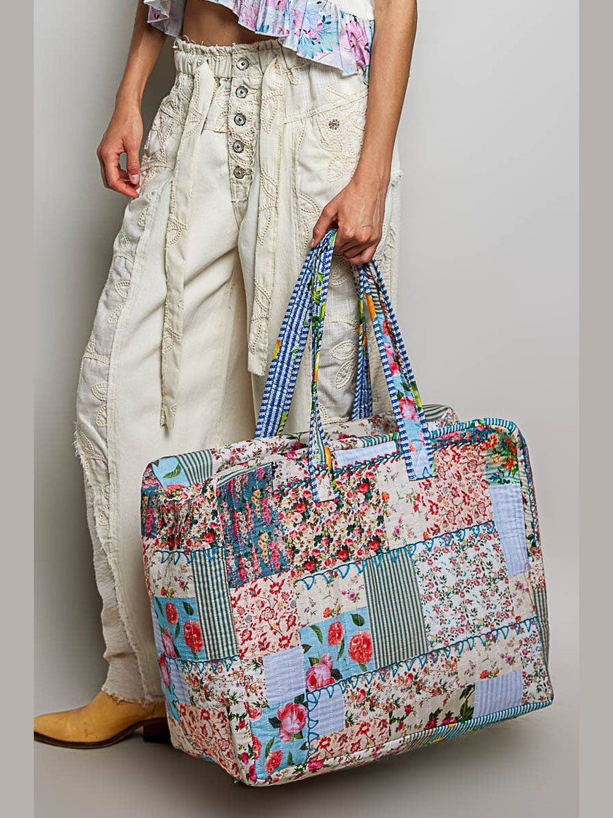 Trompe L’oeil Patchwork Structured Quilted Tote Bag: IVORY/BLUE / Os