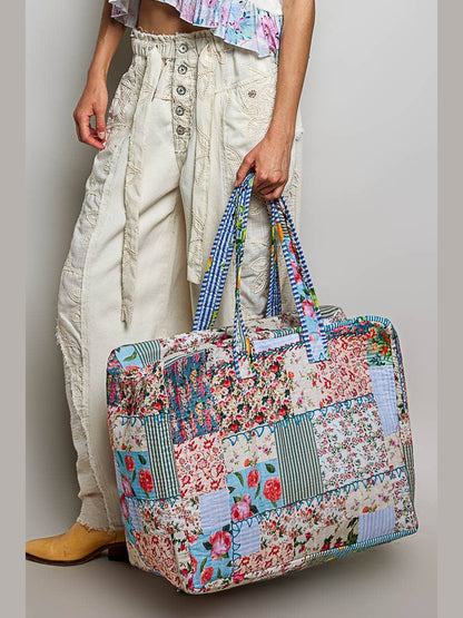Trompe L’oeil Patchwork Structured Quilted Tote Bag: IVORY/BLUE / Os