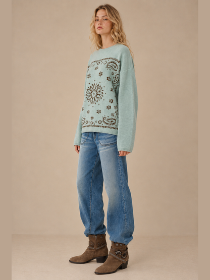 SA10162T - Western Bandana Jacquard Crewneck Sweater: Brown / M/L