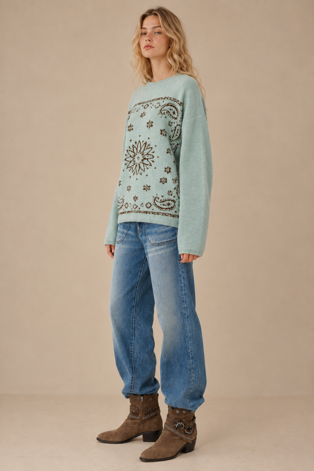 Western Bandana Jacquard Crewneck Sweater: Blue & Brown