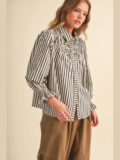 STRIPED BUTTON UP TOP WITH DIAMOND SMOCKED YOKE MTP5183: DENIM BLUE STRIPE / L