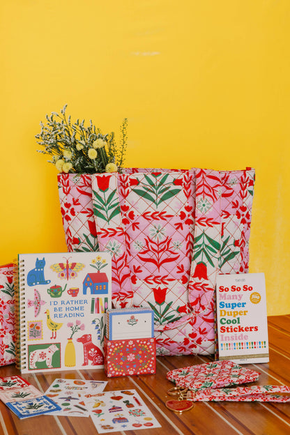 Quilted Tote, Pink Tile Floral