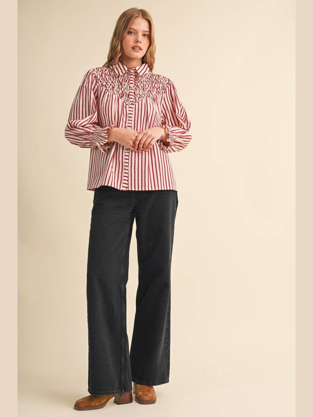 STRIPED BUTTON UP TOP WITH DIAMOND SMOCKED YOKE: CRANBERRY STRIPE