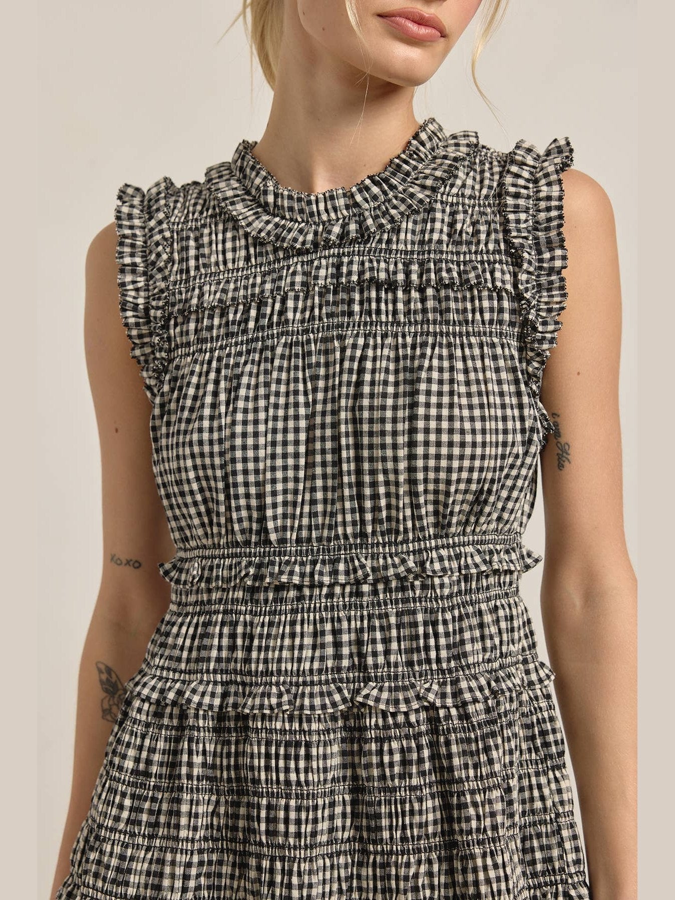 Smocked Gingham Maxi Dress: BLACK GINGHAM