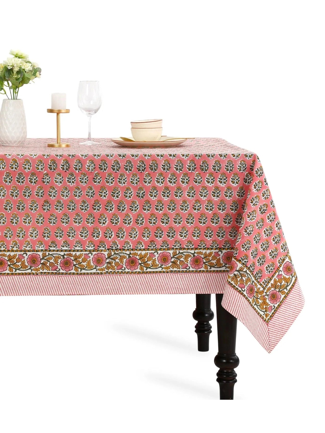 Poppy Pink Cotton Indian Hand-Block Printed Tablecloth