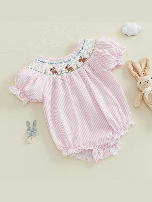 Baby Girl Easter Outfit Bunny Embroidery Smocked Bubble Romper