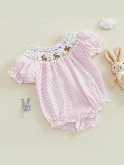 Baby Girl Easter Outfit Bunny Embroidery Smocked Bubble Romper