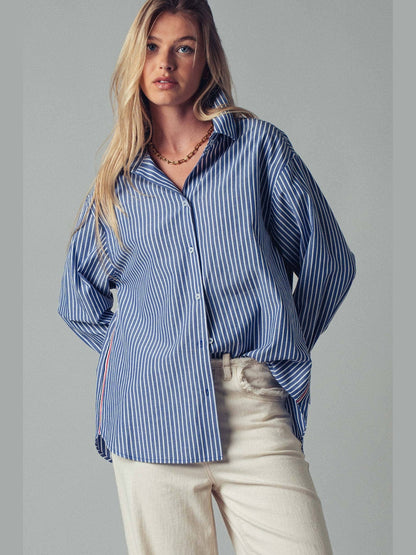 Striped Twill Tape Detail Statement Button Shirt: NAVY STRIPE