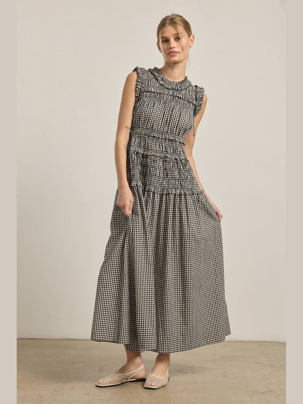 Smocked Gingham Maxi Dress: BLACK GINGHAM