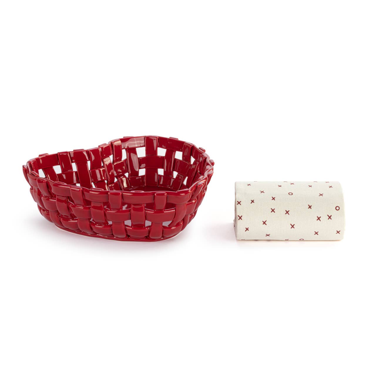 Red Ceramic Heart Bread Basket with Towel