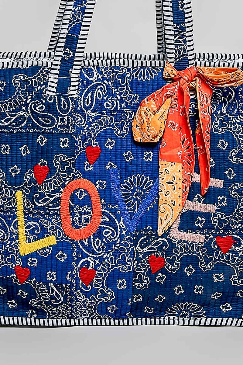 Quilted Indigo Paisley LOVE Tote Bag: INDIGO PAISLEY / OS