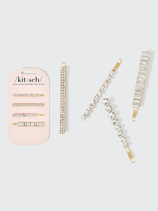 Metal Rhinestone Assorted Bobby Pins 4pc Set - Gold