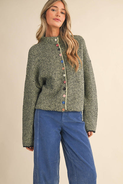 STRIPED SWEATER CARDIGAN WITH COLORFUL BUTTONS MSW11250: BLACK BLUE / L