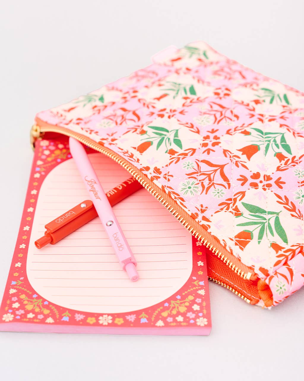Quilted Pouch, Pink Tile Floral