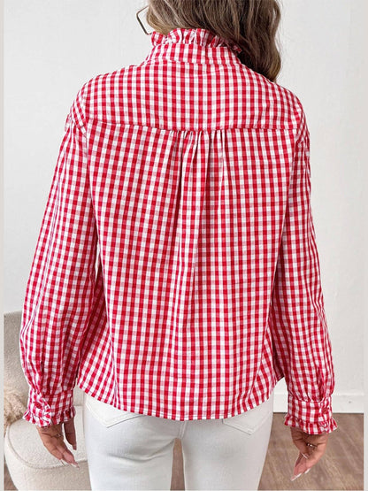 Gingham Check Plaid Ruffled Detail Shirt Blouse