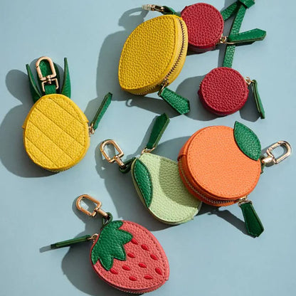 Genuine Leather Cherry Double Coin Purse / Keychain / Bag Charm