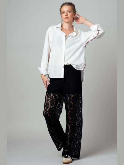 Striped Twill Tape Detail Statement Button Shirt: WHITE / S-2/M-2/L-2