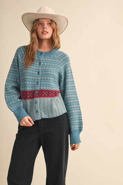 GEOMETRIC KNIT BUTTON UP SWEATER CARDIGAN: PEACOCK CREAM
