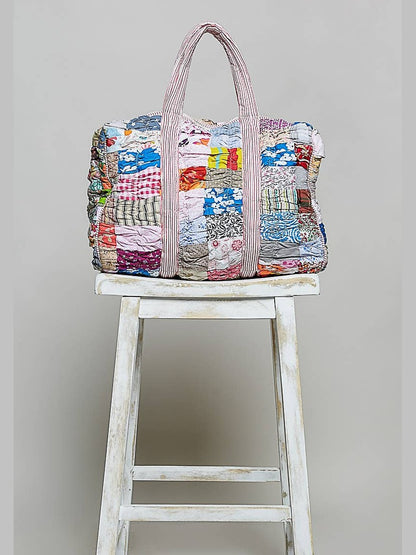 Quilted Multi-Print Mixed Floral Patchwork Duffle Bag: CREAM MULTI / OS