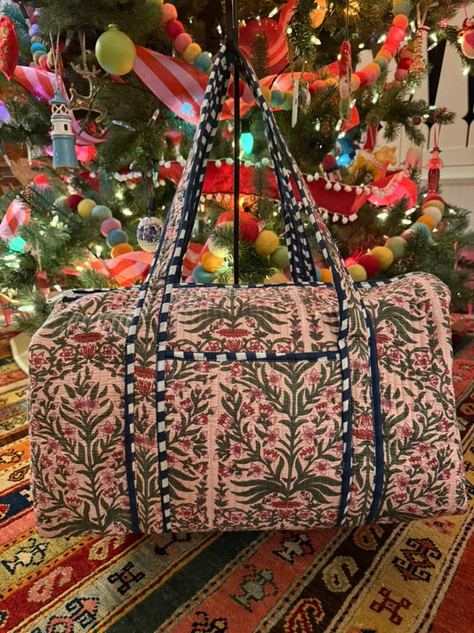 Quilted Block Print Duffel- Pink and Blue Floral