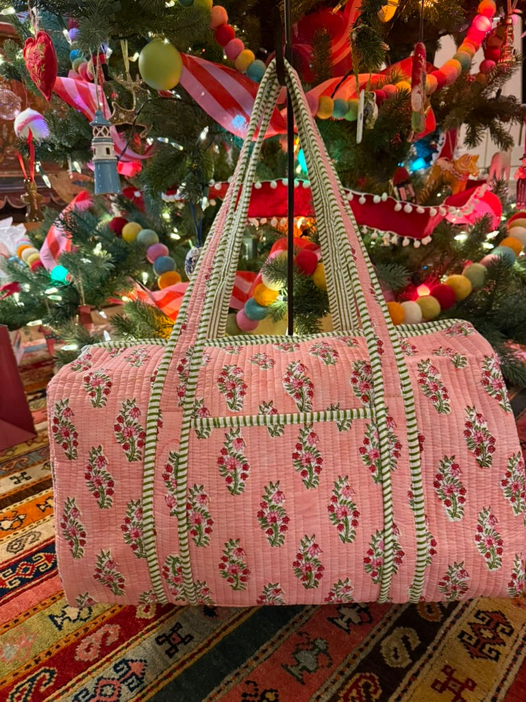 Quilted Block Print Duffel- Pink and Green