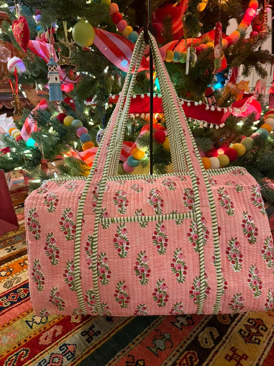 Quilted Block Print Duffel- Pink and Green