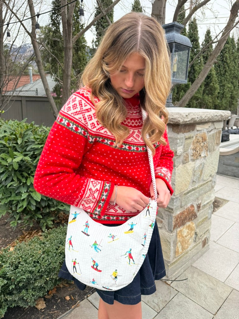 Quilted Crossbody Bag with Ski Print and Red Stripe Accent