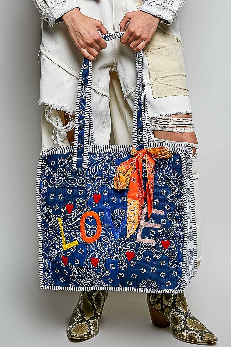 Quilted Indigo Paisley LOVE Tote Bag: INDIGO PAISLEY / OS
