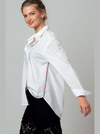 Striped Twill Tape Detail Statement Button Shirt: WHITE / S-2/M-2/L-2