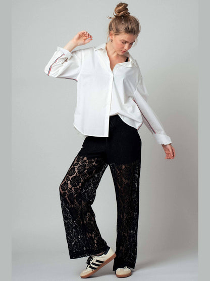 Striped Twill Tape Detail Statement Button Shirt: WHITE / S-2/M-2/L-2