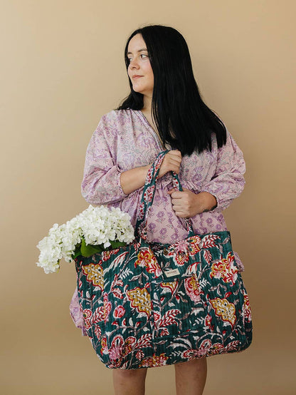 Emerald Garden floral-LARGE quilted market tote-reversible