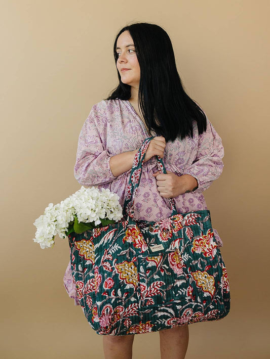 Emerald Garden floral-LARGE quilted market tote-reversible