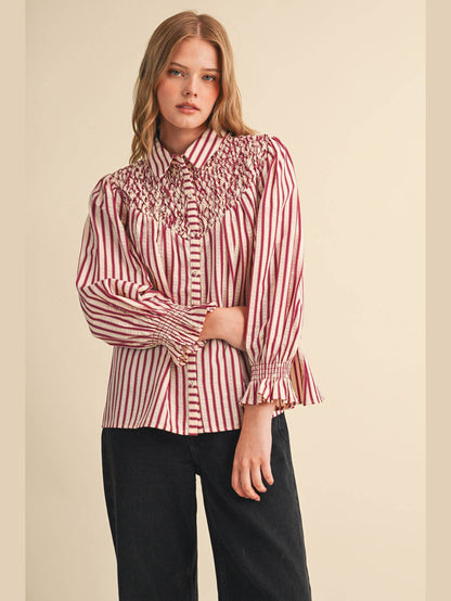 STRIPED BUTTON UP TOP WITH DIAMOND SMOCKED YOKE: CRANBERRY STRIPE