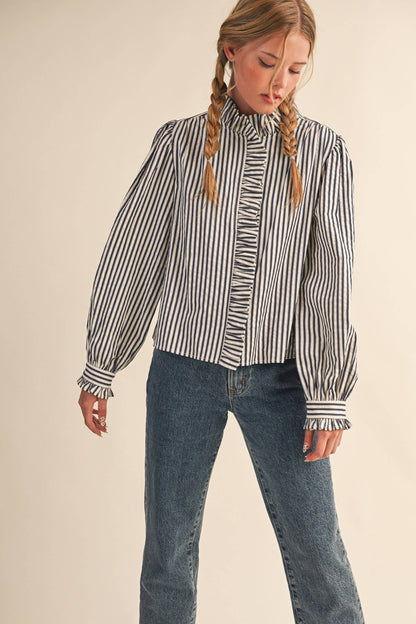 STRIPED RUFFLED BUTTON DOWN LONG SLEEVE TOP: Denim Blue Stripe