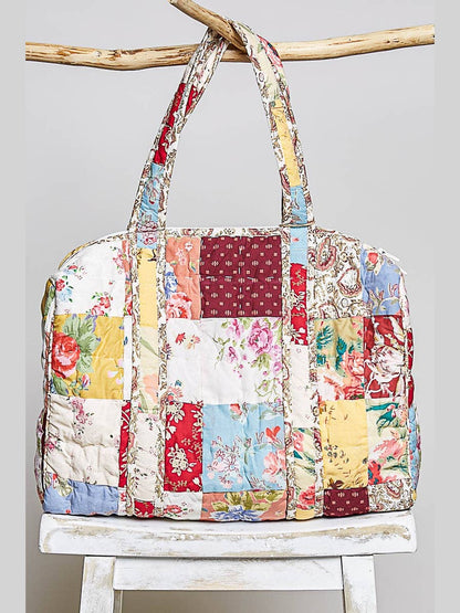 Quilted Vibrant Patchwork Vintage Crafted Weekender Bag: CREAM MULTI