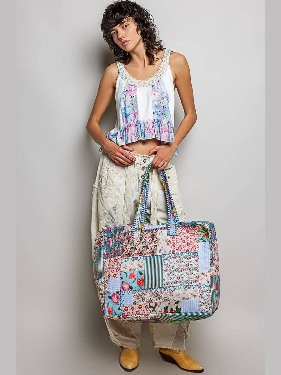 Trompe L’oeil Patchwork Structured Quilted Tote Bag: IVORY/BLUE / Os